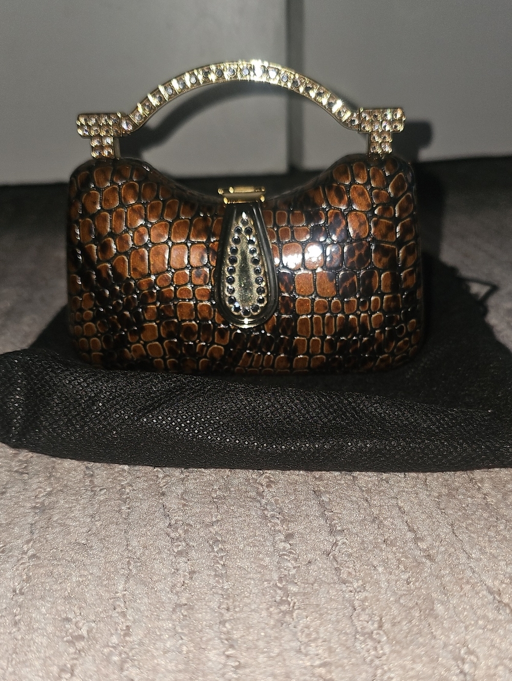 Brown Croc-Embossed Crystal Handle Women's Evening Bag